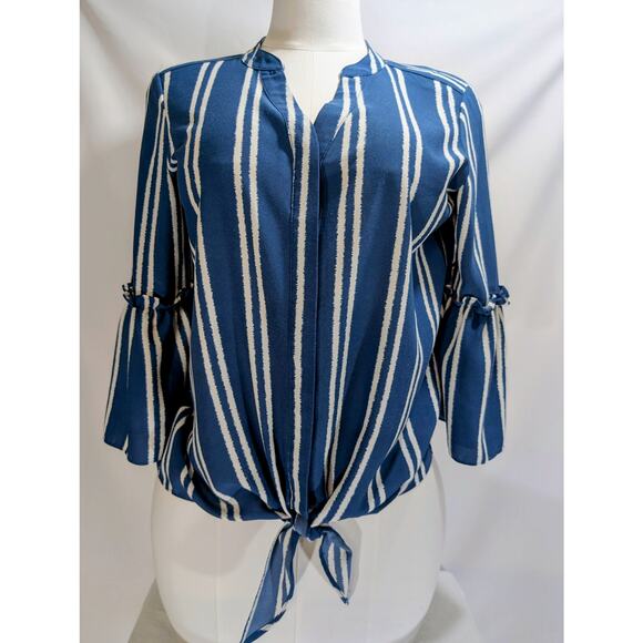 Alfani Blue White Vertical Stripe Tie Front Blouse Medium - Picture 1 of 9